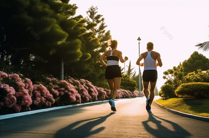 清晨在柏油路上奔跑的情侣照片,高清,摄影图,摄影图片,图片大全,摄影图免费下载